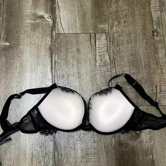 Victoria’s Secret Lace Push-Up Bra 36B Black Rhinestone Logo Strap - Picture 2 of 5